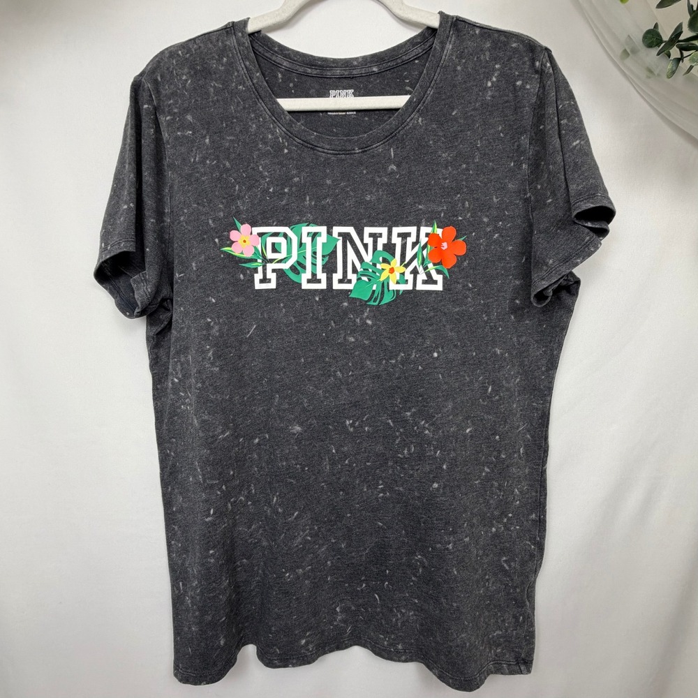 Pink Victoria's Secret T-Shirt XL Gray Acid Wash Tropical Floral Logo Tee